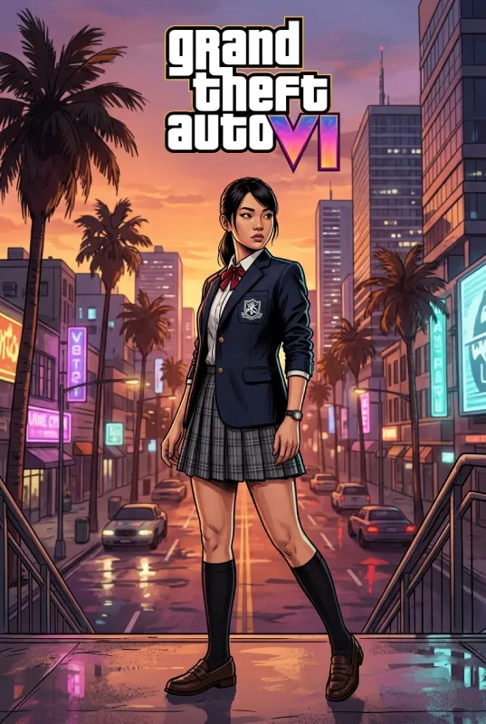 GTA VI-inspired character standing in a neon city