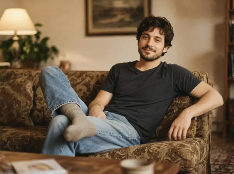 Portrait photo of a man relaxing on a sofa
