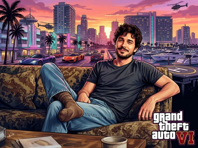 GTA VI-inspired artwork of a man relaxing in a neon city