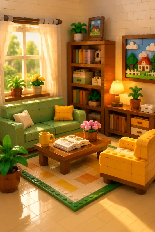 A warm LEGO-style living room