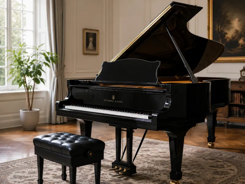 A black grand piano in a living room
