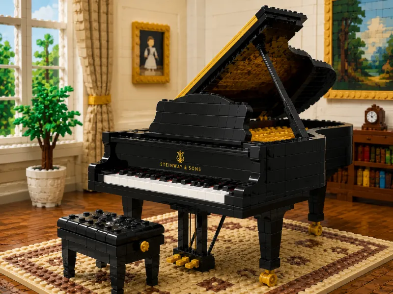 A LEGO-style black grand piano